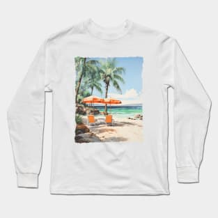 Palm Trees Tropical Beach Umbrella Seascape Long Sleeve T-Shirt